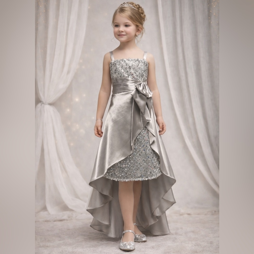 NWT Girls Silver Sequin High Low Dress Size 10 Flower Girl Wedding Party Formal